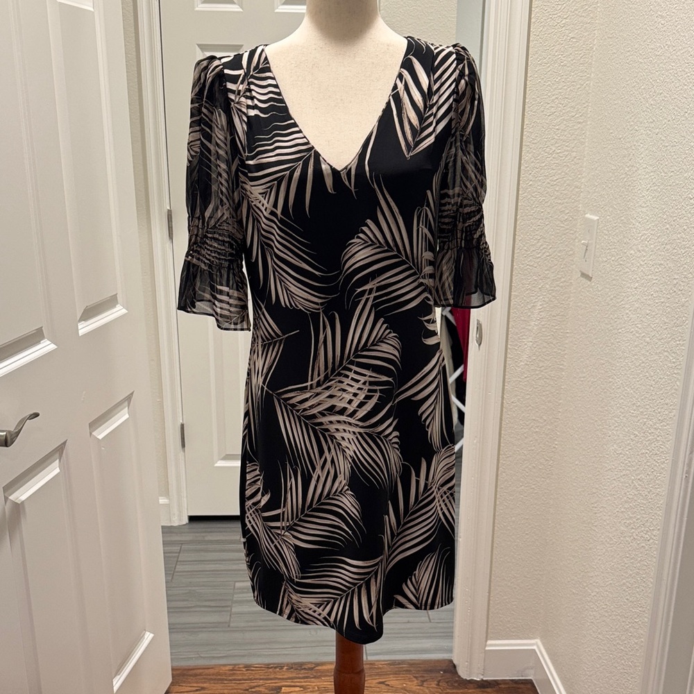 White House Black Market Black and Cream Palm Print Dress